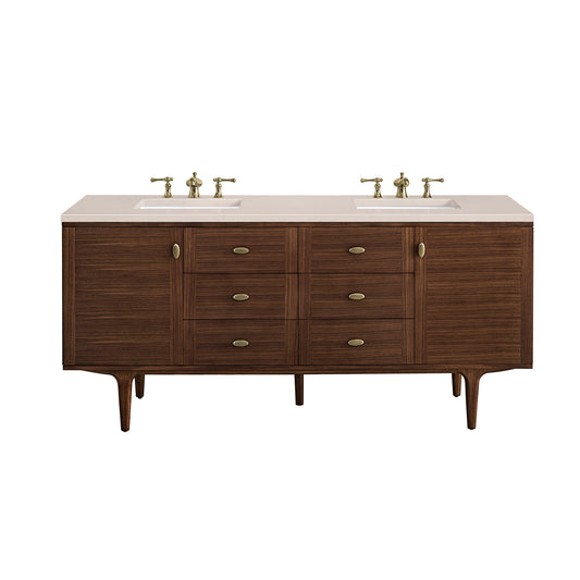 Amberly 72" Double Vanity, Mid-Century Walnut w/ 3CM Eternal Marfil Top James Martin Vanities