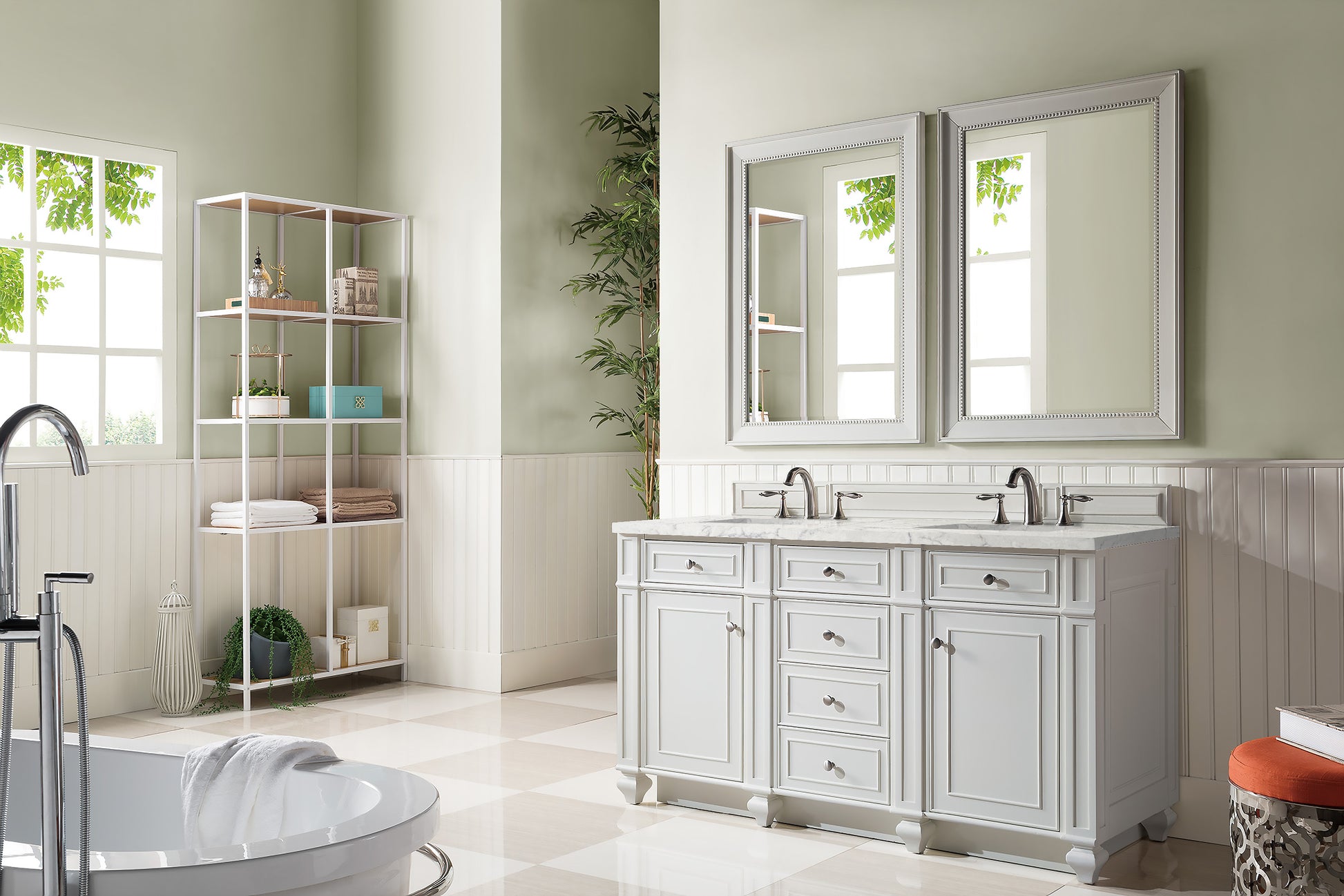 Bristol 60" Double Vanity, Bright White, w/ 3 CM Eternal Jasmine Pearl Quartz Top James Martin Vanities