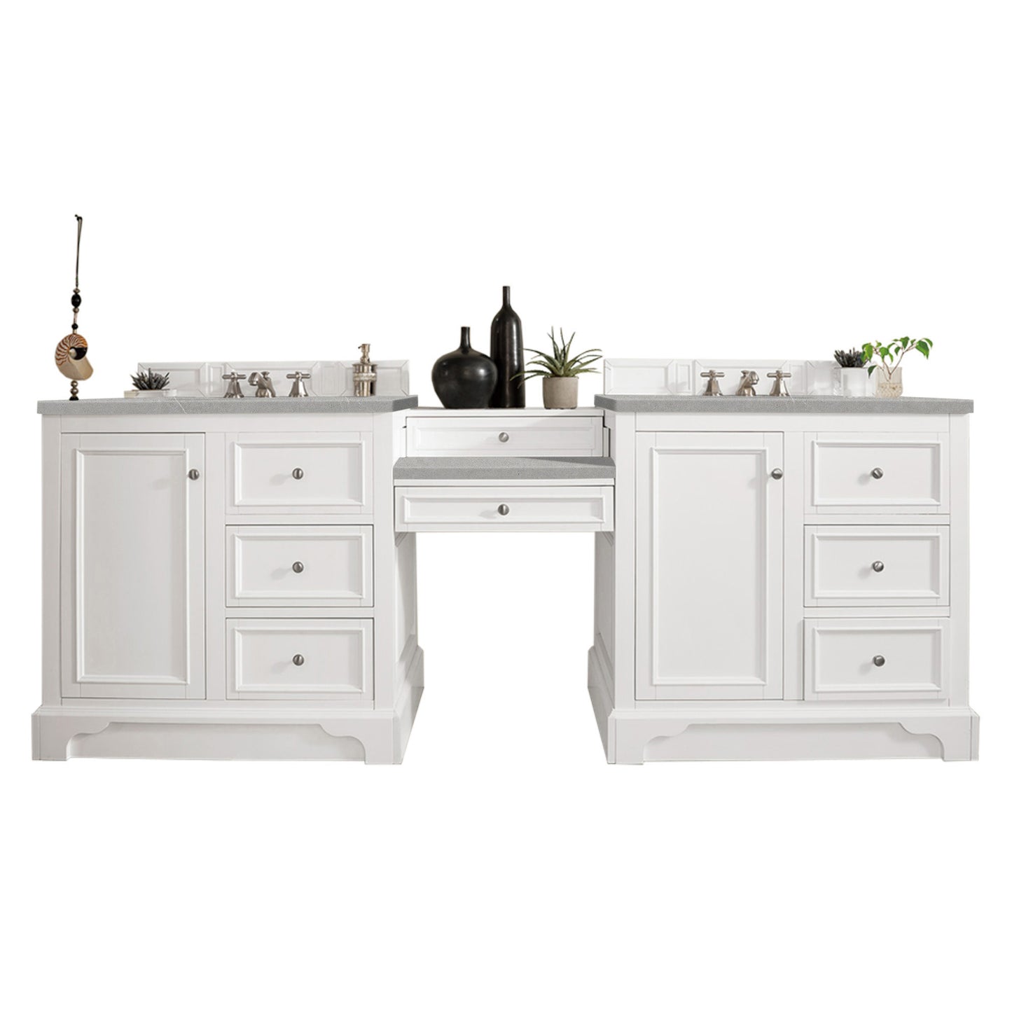 De Soto 94" Double Vanity Set, Bright White w/ Makeup Table, 3 CM Eternal Serena Quartz Top James Martin