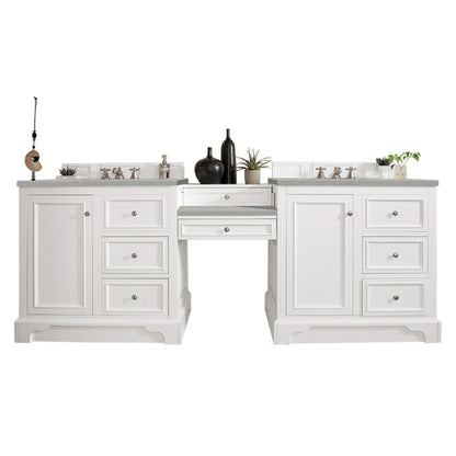 De Soto 94" Double Vanity Set, Bright White w/ Makeup Table, 3 CM Eternal Serena Quartz Top James Martin