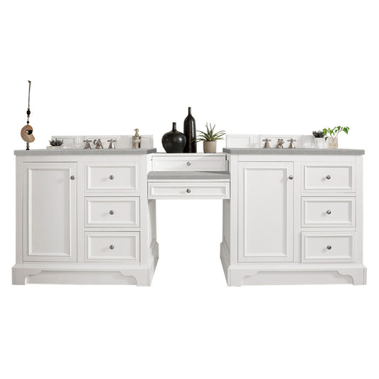 De Soto 94" Double Vanity Set, Bright White w/ Makeup Table, 3 CM Eternal Serena Quartz Top James Martin