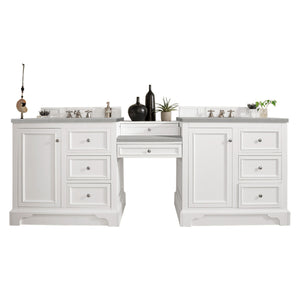 De Soto 94" Double Vanity Set, Bright White w/ Makeup Table, 3 CM Eternal Serena Quartz Top James Martin