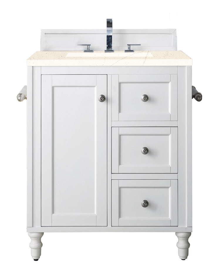 Copper Cove Encore 30" Single Vanity, Bright White w/ 3 CM Eternal Marfil Quartz Top James Martin Vanities