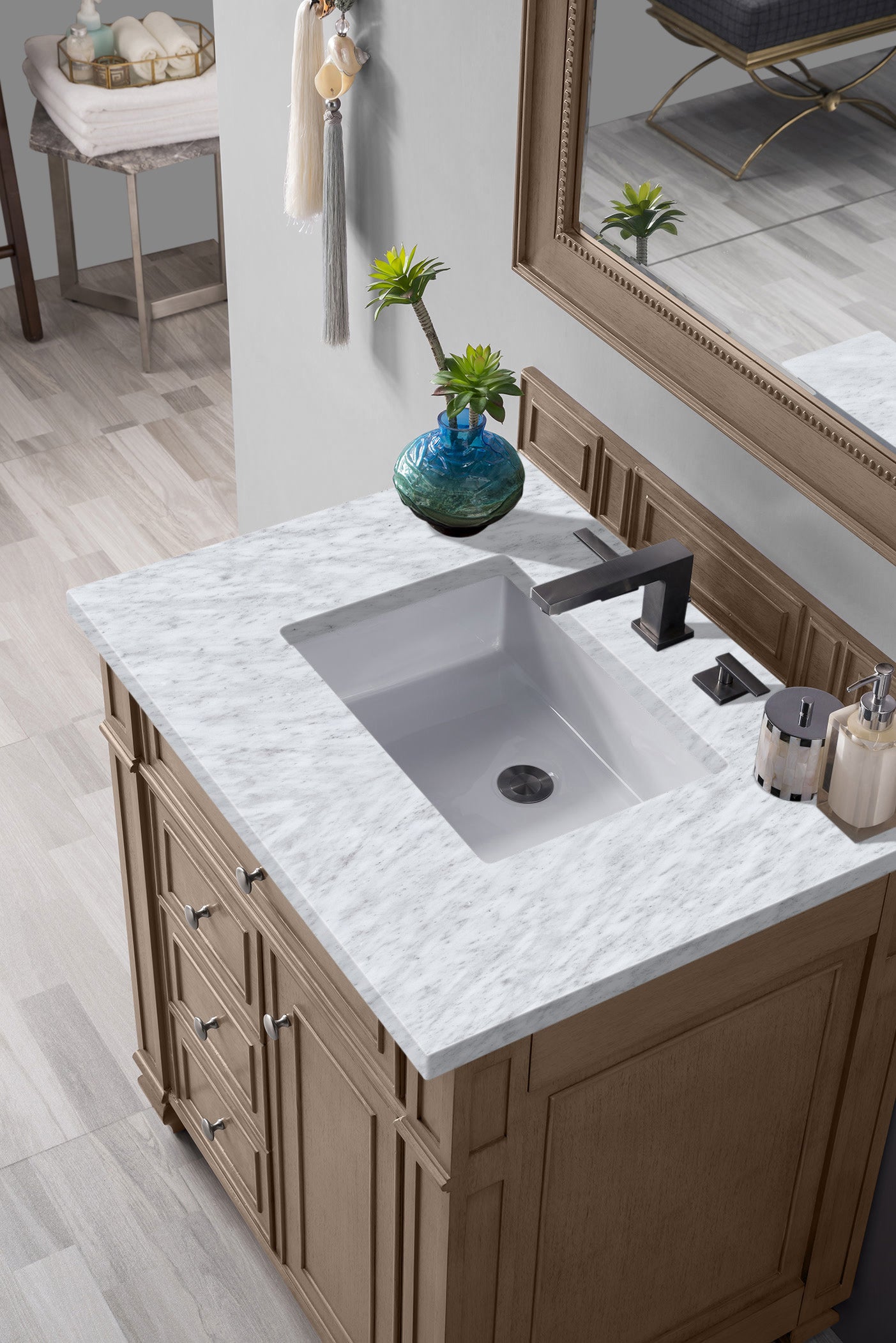 Bristol 30" Single Vanity, Whitewashed Walnut, w/ 3 CM Carrara Marble Top James Martin Vanities