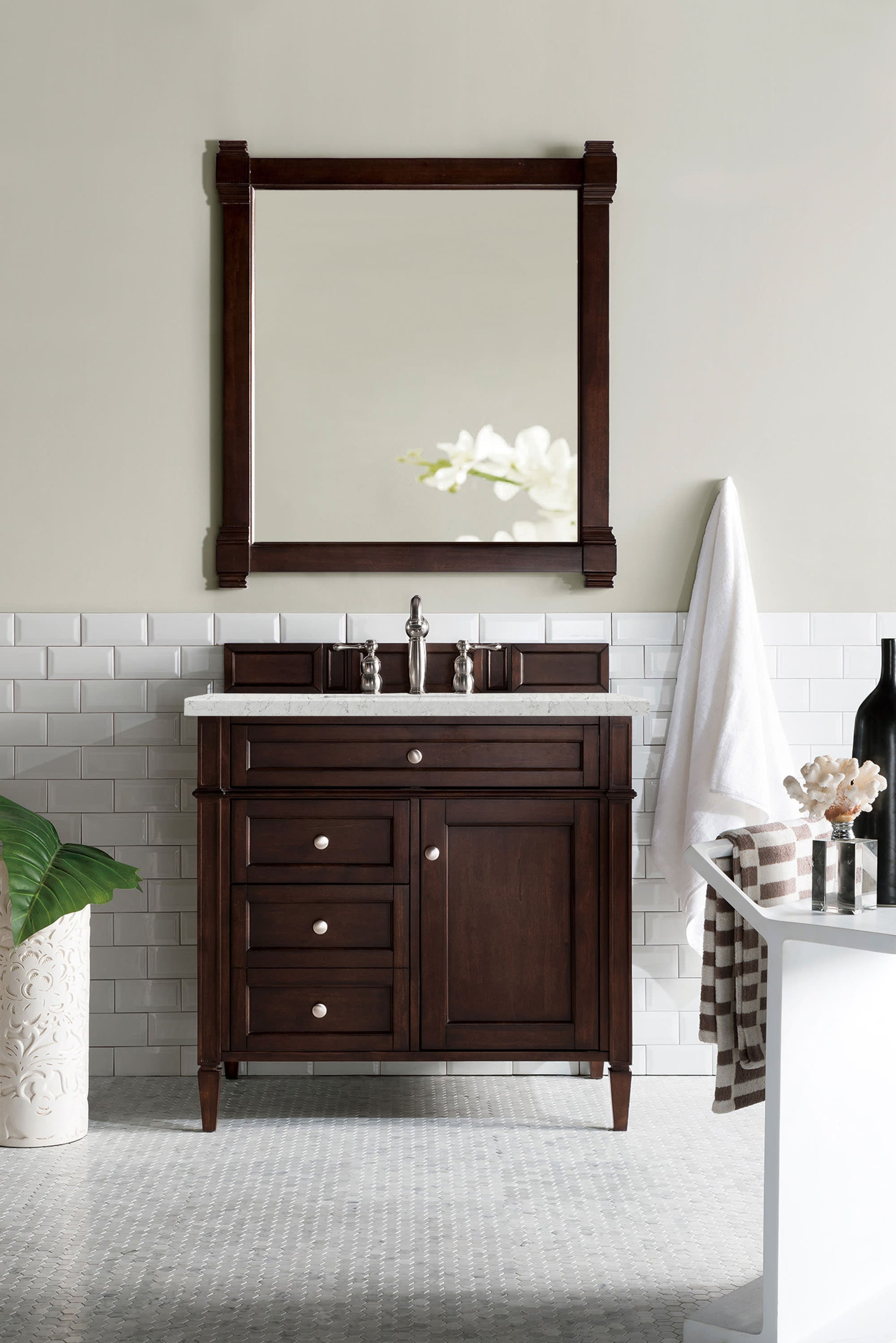 Brittany 36" Burnished Mahogany Single Vanity w/ 3 CM Eternal Jasmine Pearl Quartz Top James Martin Vanities