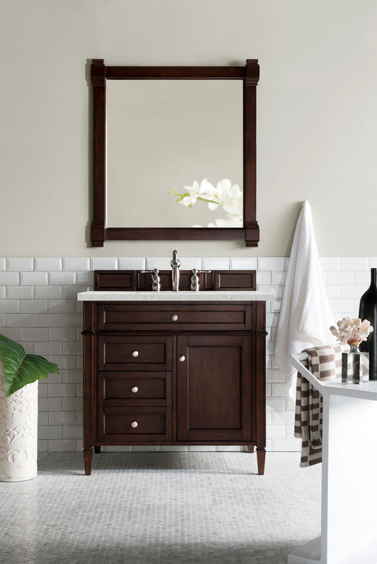 Brittany 36" Burnished Mahogany Single Vanity w/ 3 CM Eternal Jasmine Pearl Quartz Top James Martin Vanities