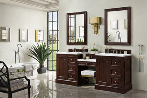 De Soto 82" Double Vanity Set, Burnished Mahogany w/ Makeup Table, 3 CM Classic White Quartz Top James Martin