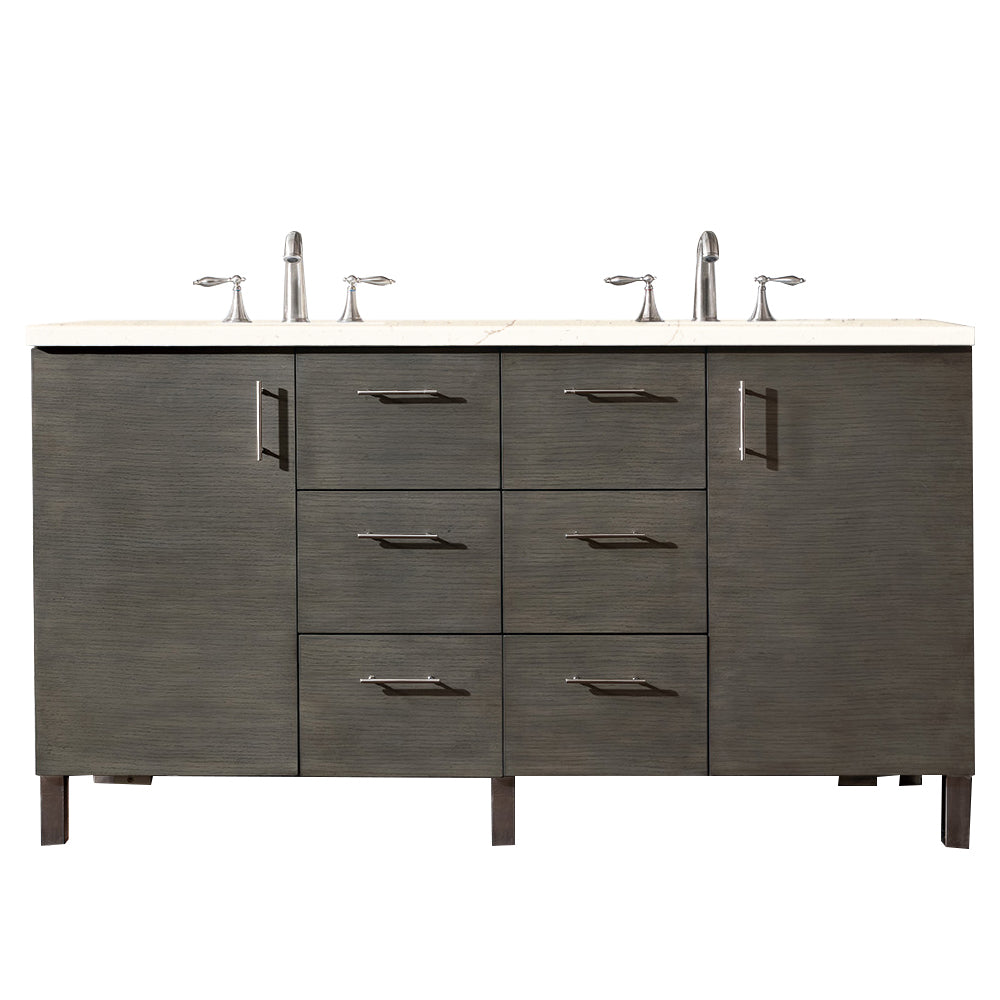 Metropolitan 60" Double Vanity, Silver Oak, w/ 3 CM Eternal Marfil Quartz Top James Martin Vanities