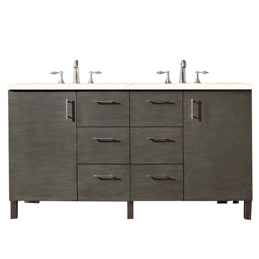 Metropolitan 60" Double Vanity, Silver Oak, w/ 3 CM Eternal Marfil Quartz Top James Martin Vanities