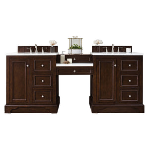 De Soto 82" Double Vanity Set, Burnished Mahogany w/ Makeup Table, 3 CM Classic White Quartz Top James Martin