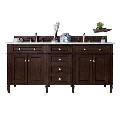 Brittany 72" Burnished Mahogany Double Vanity w/ 3 CM Carrara Marble Top James Martin Vanities
