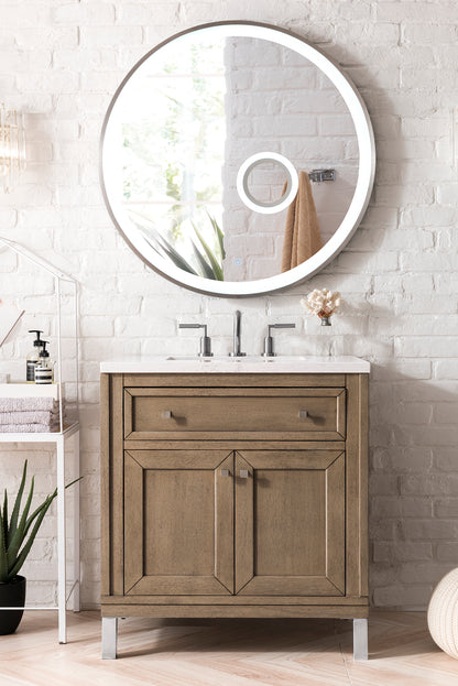Chicago 30" Single Vanity, Whitewashed Walnut w/ 3 CM Eternal Jasmine Pearl Quartz Top James Martin Vanities