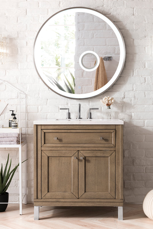 Chicago 30" Single Vanity, Whitewashed Walnut w/ 3 CM Eternal Jasmine Pearl Quartz Top James Martin Vanities