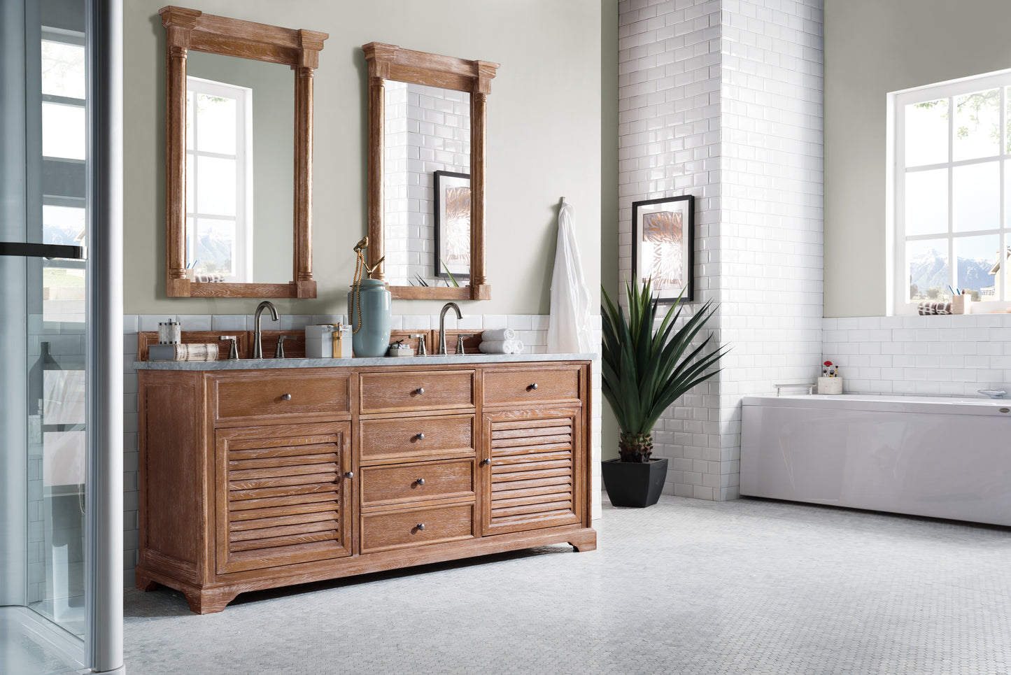 Savannah 72" Driftwood Double Vanity w/ 3 CM Carrara Marble Top James Martin Vanities