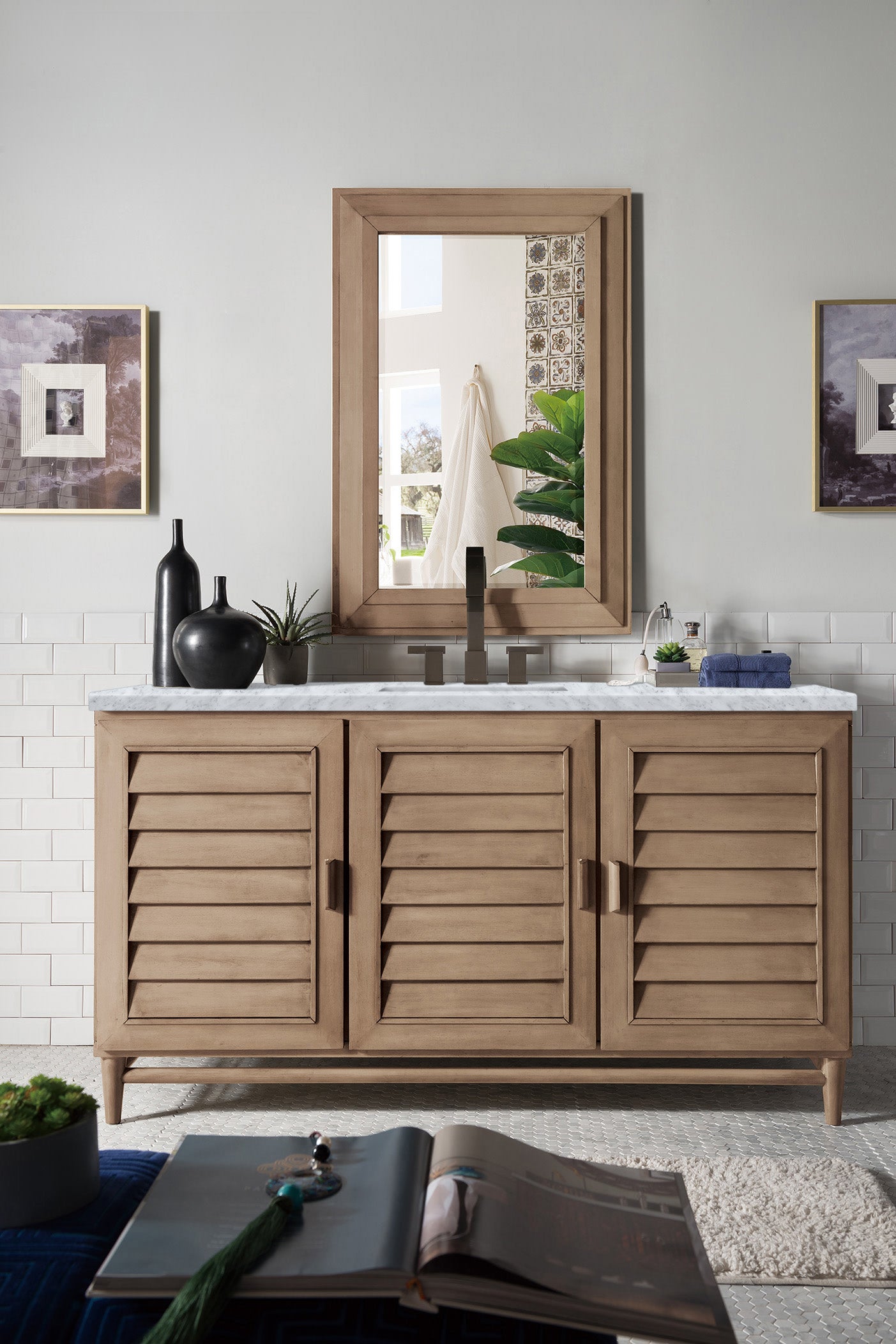 Portland 60" Single Vanity Whitewashed Walnut w/ 3 CM Carrara Marble Top James Martin Vanities