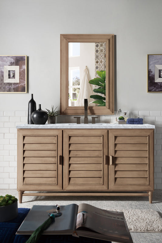 Portland 60" Single Vanity Whitewashed Walnut w/ 3 CM Carrara Marble Top James Martin Vanities
