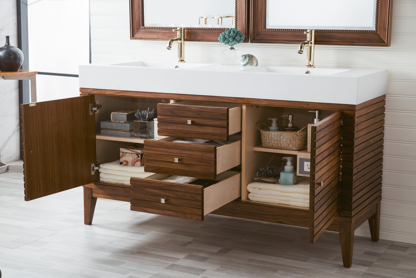 Linear 59" Double Vanity, Mid Century Walnut w/ Glossy White Composite Top James Martin Vanities
