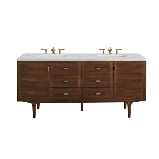 Amberly 72" Double Vanity, Mid-Century Walnut w/ 3CM Ethereal Noctis Top James Martin Vanities