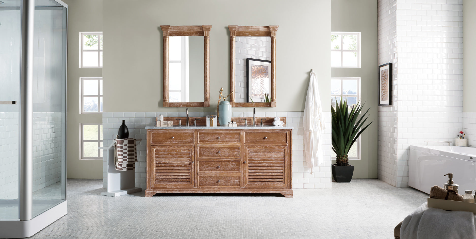 Savannah 72" Driftwood Double Vanity w/ 3 CM Carrara Marble Top James Martin Vanities