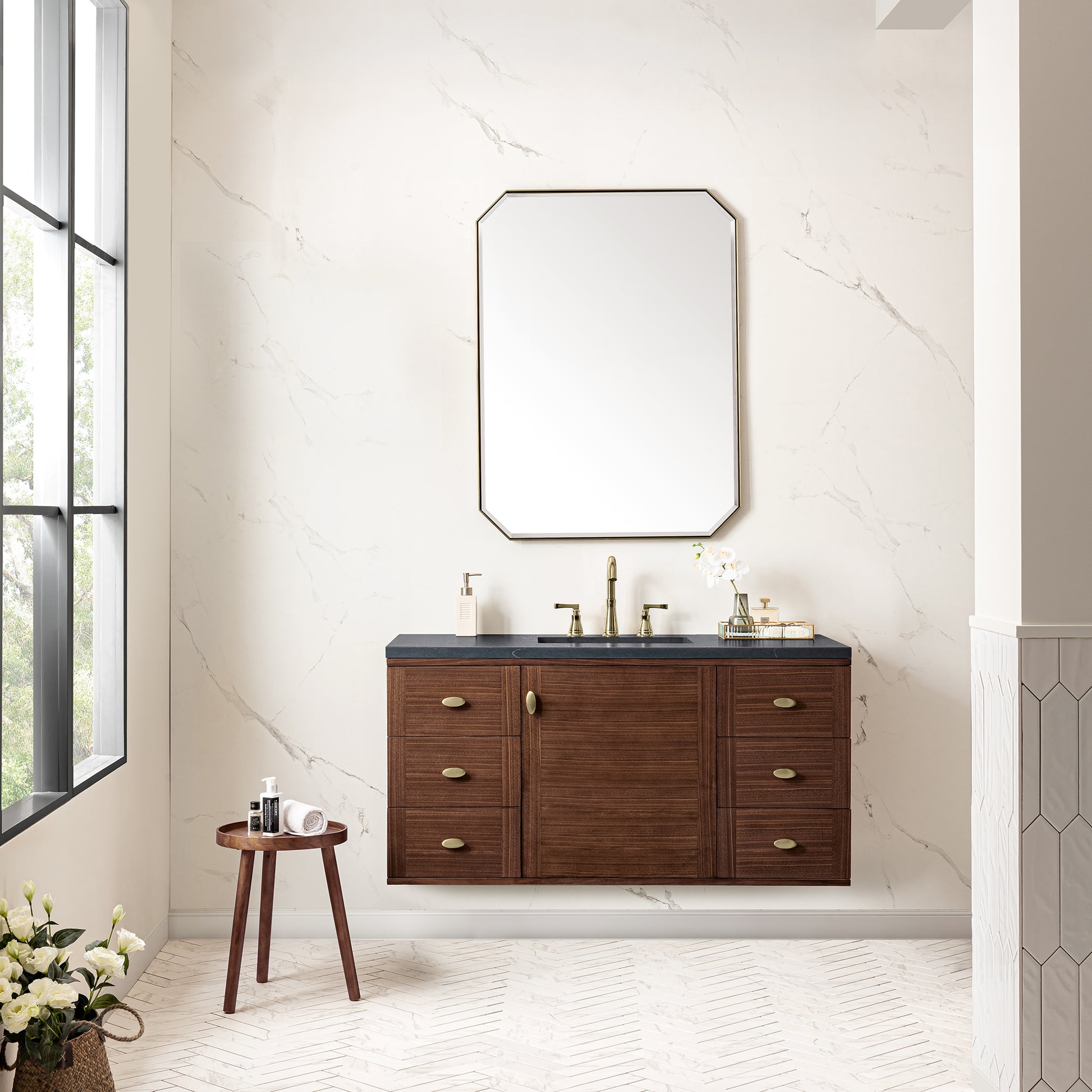 Amberly 48" Single Vanity, Mid-Century Walnut w/ 3CM Charcoal Soapstone Top James Martin Vanities