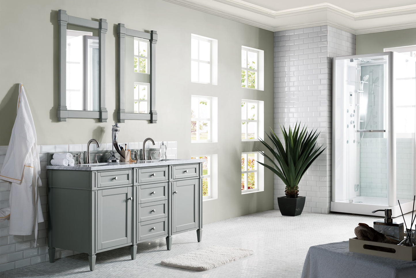 Brittany 60" Urban Gray Double Vanity w/ 3 CM Carrara Marble Top James Martin Vanities