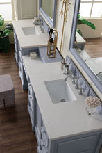 Load image into Gallery viewer, Bathroom Vanities Outlet Atlanta Renovate for LessDe Soto 118&quot; Double Vanity Set, Silver Gray w/ Makeup Table, 3 CM White Zeus Quartz Top