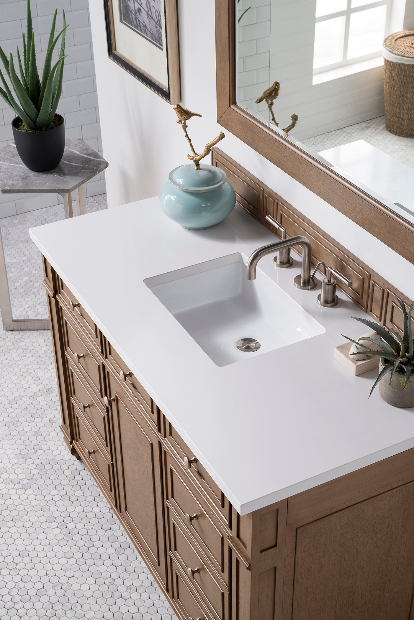 Bristol 48" Single Vanity, Whitewashed Walnut, w/ 3 CM White Zeus Quartz Top James Martin Vanities