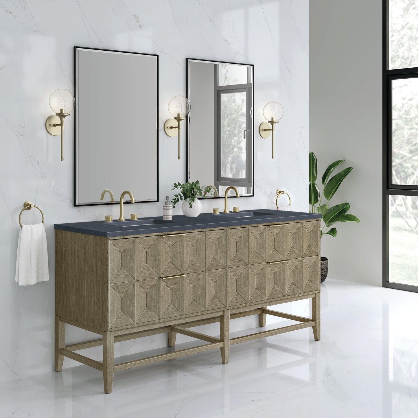 Emmeline 72" Double Vanity, Pebble Oak w/ 3CM Charcoal Soapstone Top James Martin Vanities