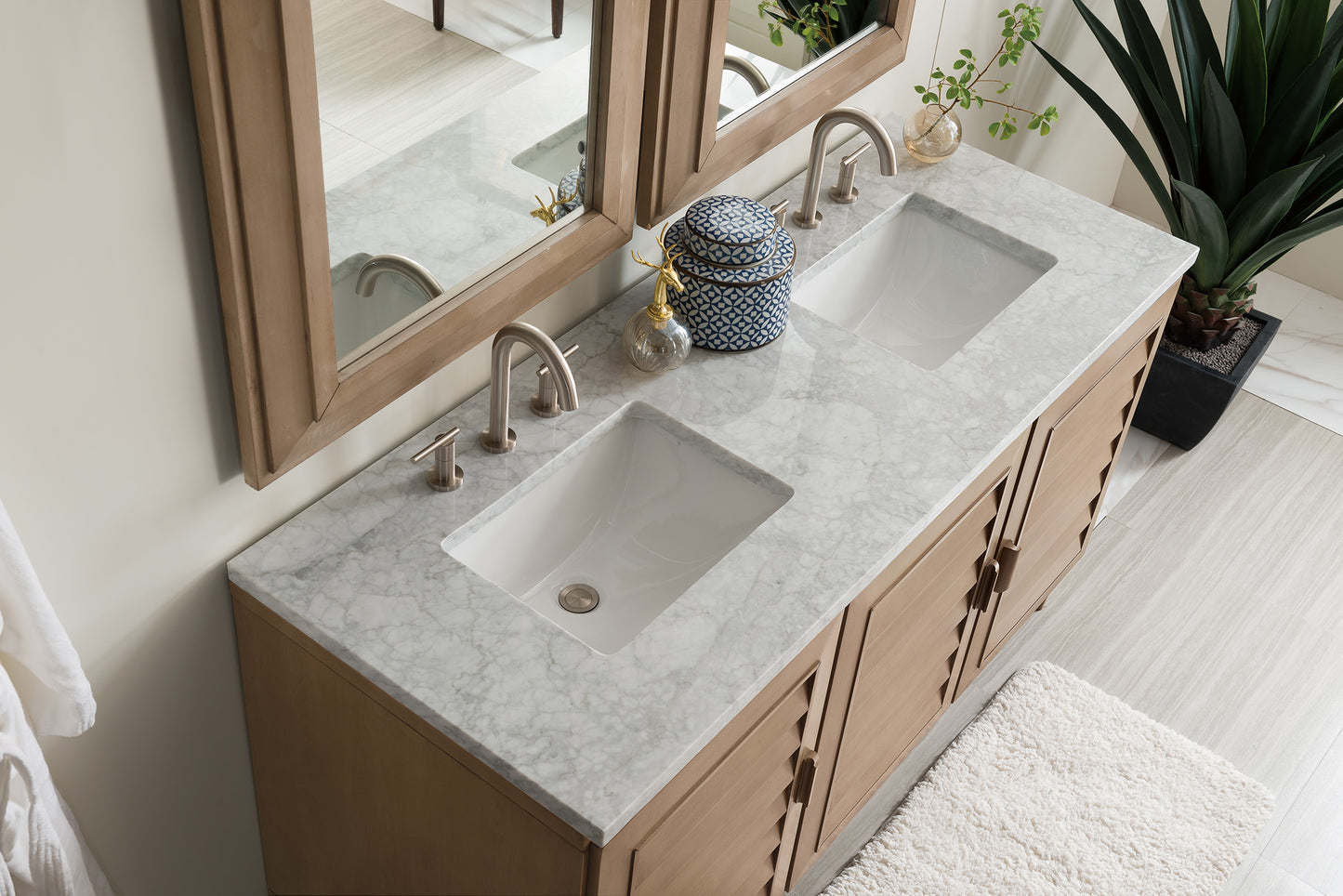 Portland 60" Double Vanity Whitewashed Walnut w/ 3 CM Carrara Marble Top James Martin Vanities