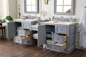 De Soto 94" Double Vanity Set, Silver Gray w/ Makeup Table, 3 CM Eternal Marfil Quartz Top James Martin