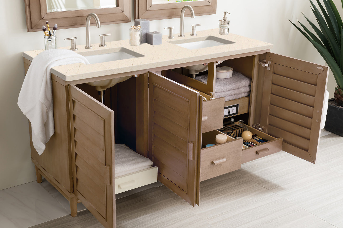Portland 60" Double Vanity Whitewashed Walnut, w/ 3 CM Eternal Marfil Quartz Top James Martin Vanities