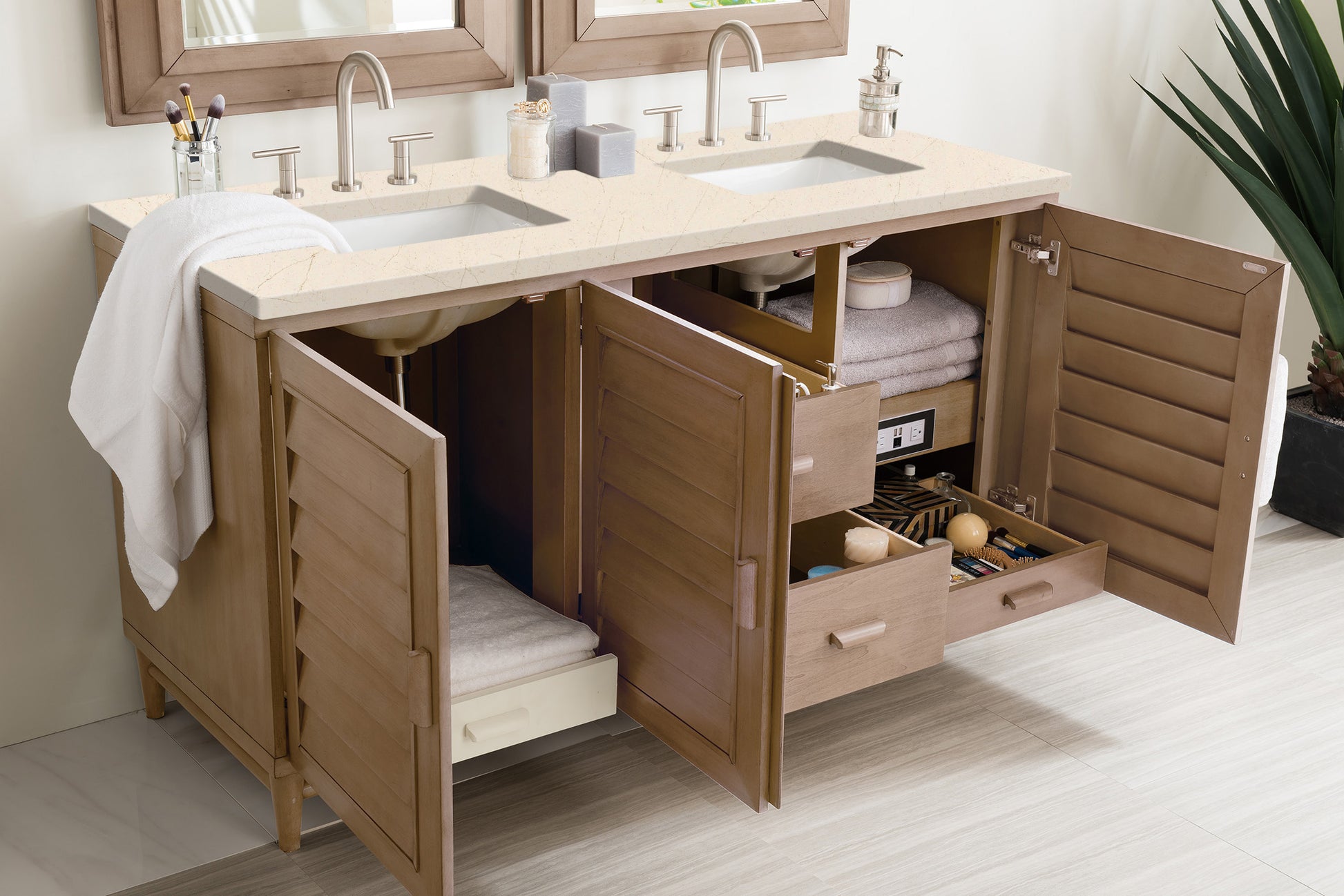 Portland 60" Double Vanity Whitewashed Walnut, w/ 3 CM Eternal Marfil Quartz Top James Martin Vanities