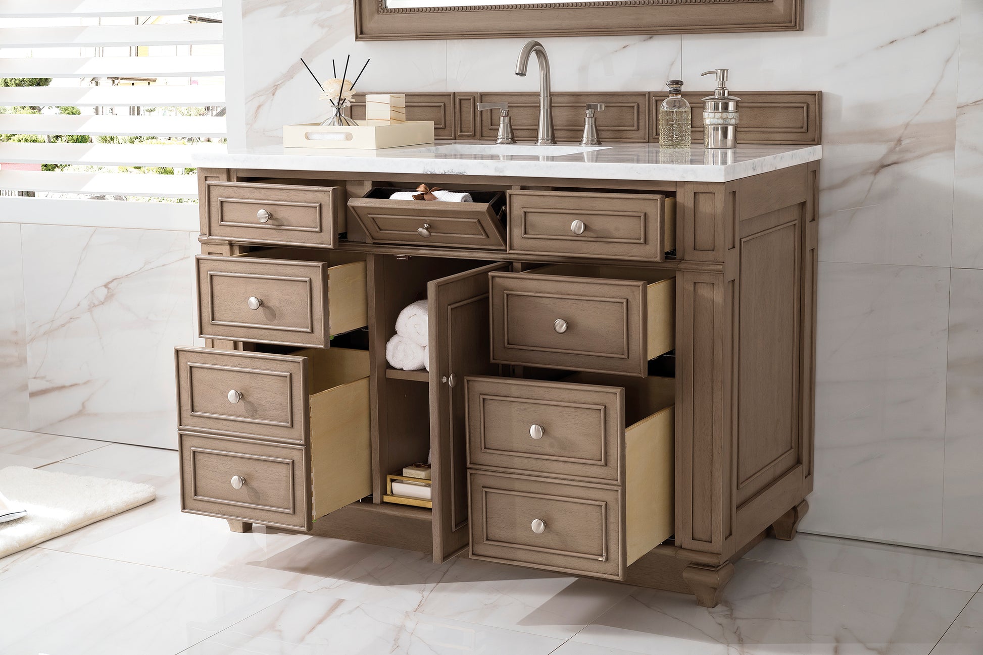 Bristol 48" Single Vanity, Whitewashed Walnut, w/ 3 CM Arctic Fall Solid Surface Top James Martin Vanities