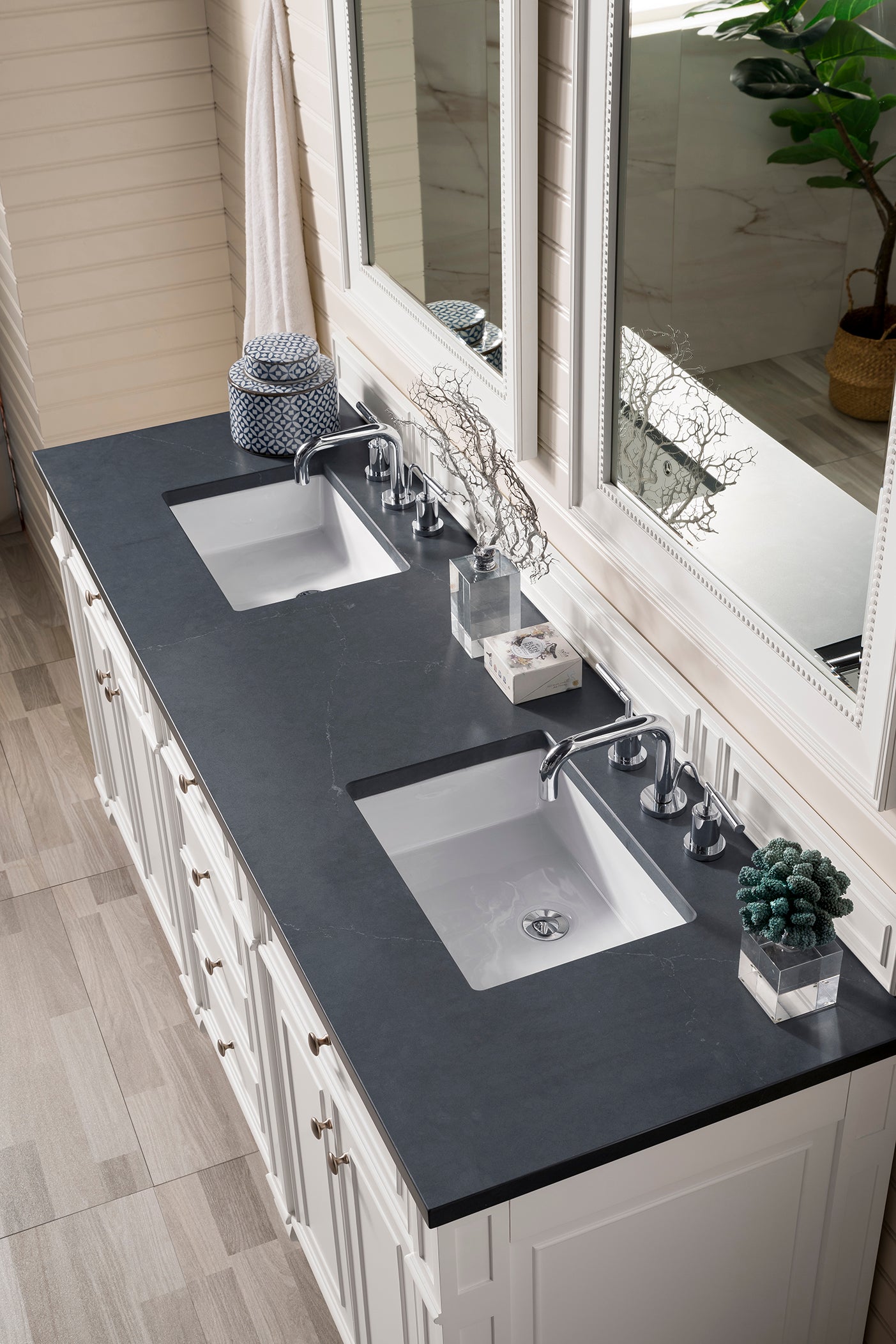 Bristol 72" Double Vanity, Bright White, w/ 3 CM Charcoal Soapstone Quartz Top James Martin Vanities