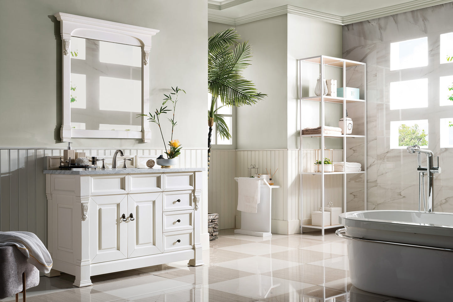 Brookfield 48" Single Vanity, Bright White w/ 3 CM Carrara Marble Top James Martin Vanities
