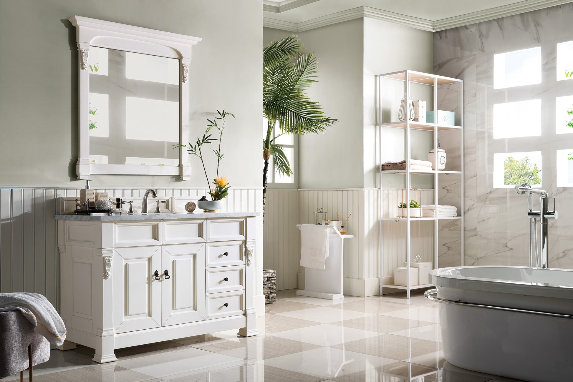 Brookfield 48" Single Vanity, Bright White w/ 3 CM Carrara Marble Top James Martin Vanities