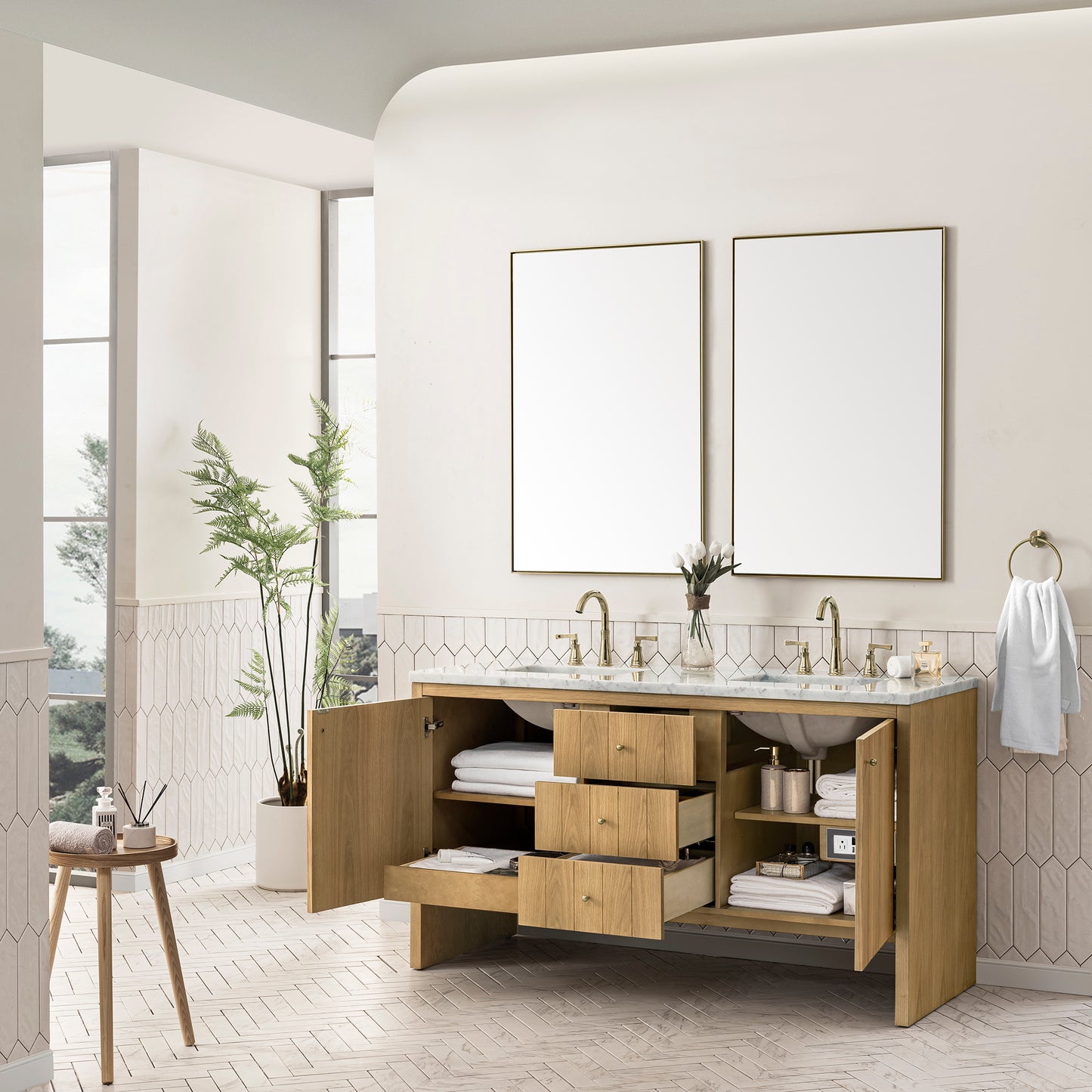 Hudson 60" Double Vanity, Light Natural Oak w/ 3CM Carrara Marble Top James Martin Vanities