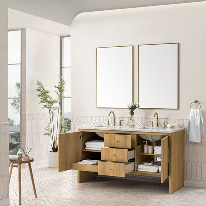 Hudson 60" Double Vanity, Light Natural Oak w/ 3CM Carrara Marble Top James Martin Vanities