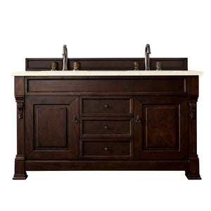 Brookfield 60" Double Vanity, Burnished Mahogany w/ 3 CM Eternal Marfil Quartz Top James Martin Vanities