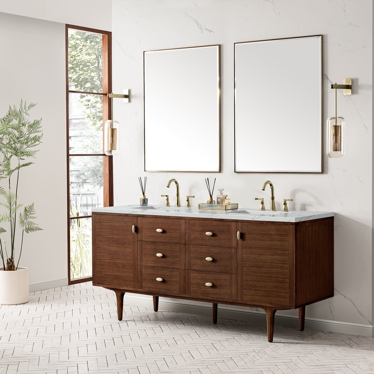 Bathroom Vanities Outlet Atlanta Renovate for LessAmberly 72" Double Vanity, Mid-Century Walnut w/ 3CM Ethereal Noctis Top