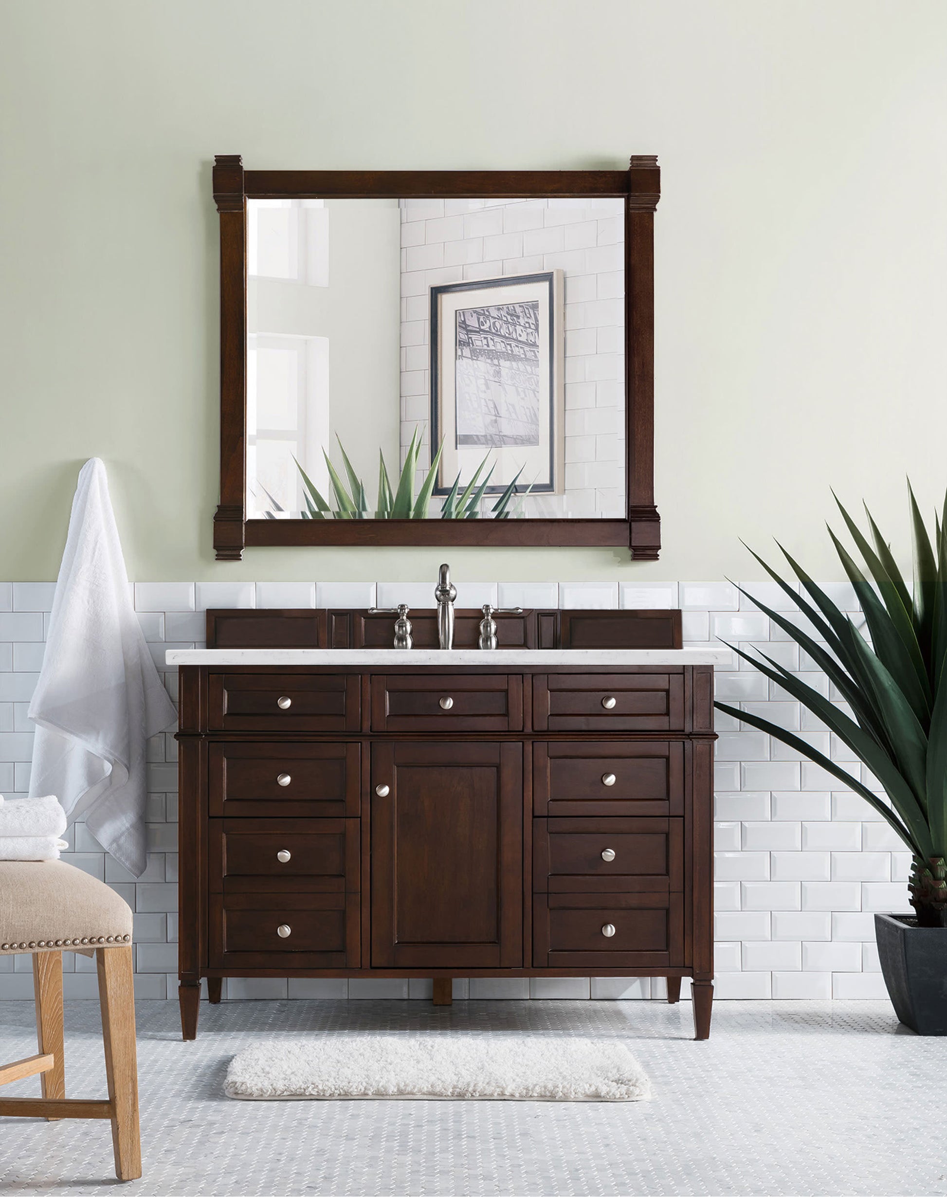 Brittany 48" Burnished Mahogany Single Vanity w/ 3 CM Arctic Fall Solid Surface Top James Martin Vanities