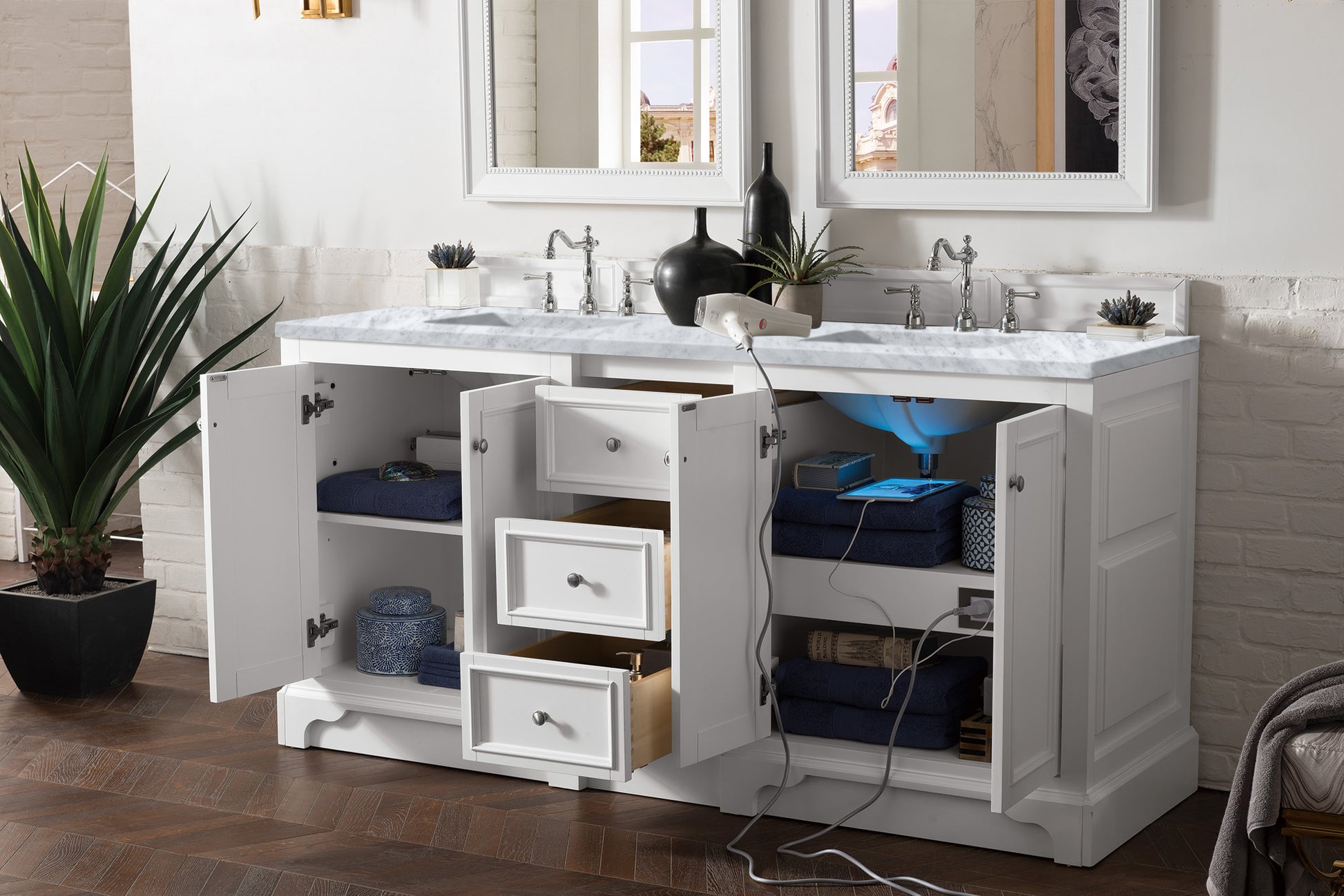 De Soto 72" Double Vanity, Bright White w/ 3 CM Carrara Marble Top James Martin Vanities