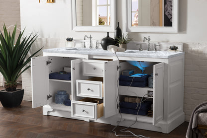 De Soto 72" Double Vanity, Bright White w/ 3 CM Carrara Marble Top James Martin Vanities