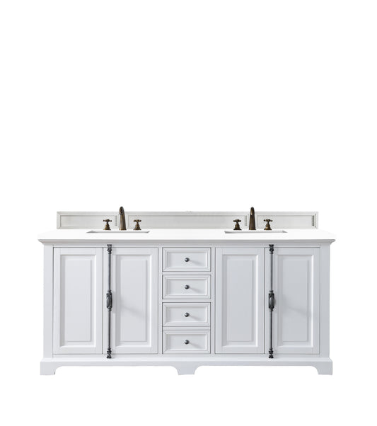 Providence 72" Double Vanity Cabinet, Bright White, w/ 3 CM Classic White Quartz Top James Martin