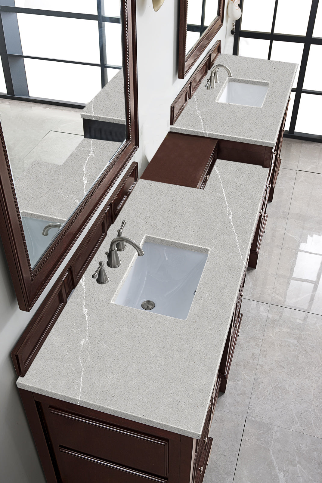 De Soto 118" Double Vanity Set, Burnished Mahogany w/ Makeup Table, 3 CM Eternal Serena Quartz Top James Martin
