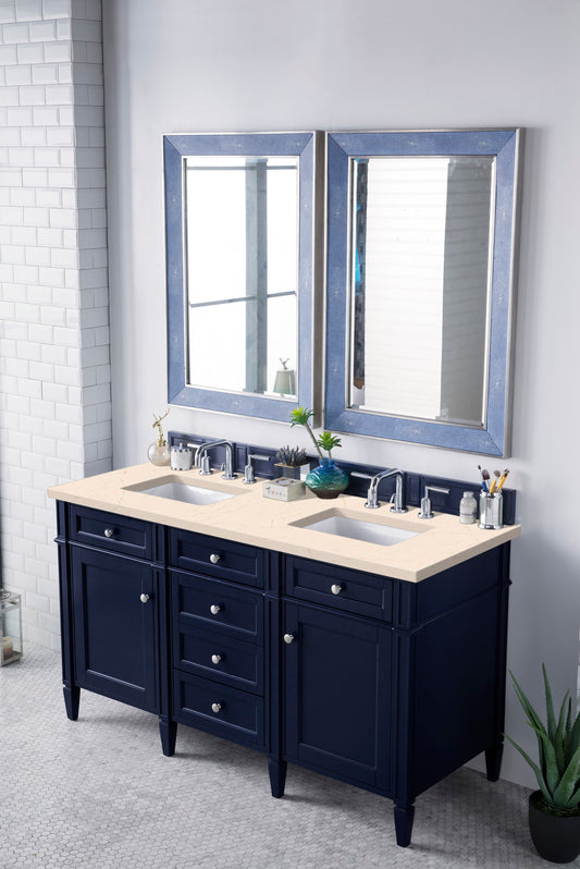 Brittany 60" Victory Blue Double Vanity w/ 3 CM Eternal Marfil Quartz Top James Martin Vanities