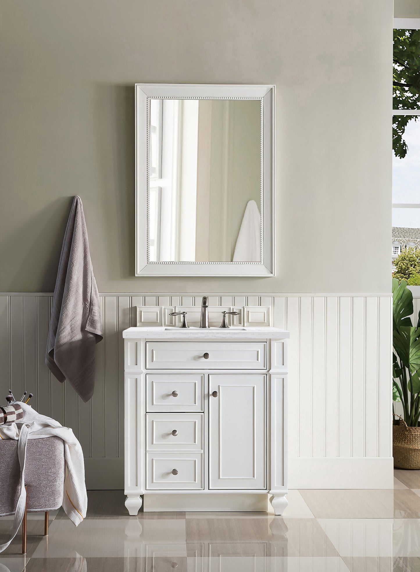 Bristol 30" Single Vanity, Bright White, w/ 3 CM Arctic Fall Solid Surface Top James Martin Vanities