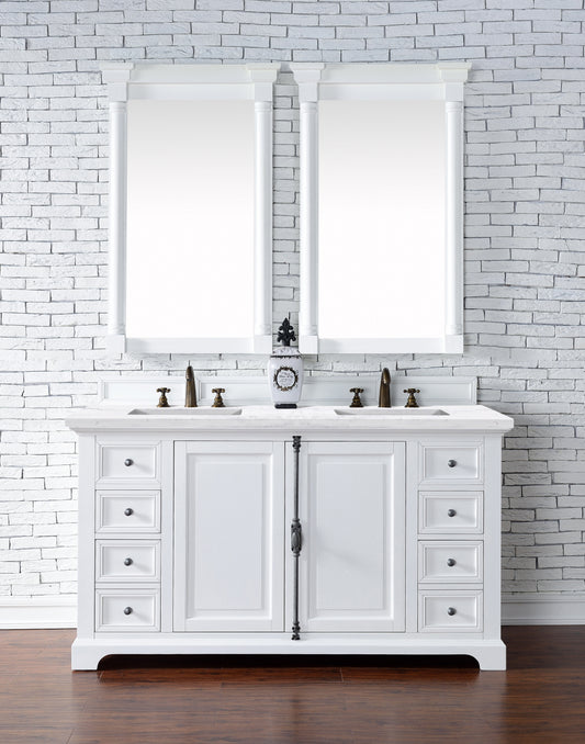 Providence 60" Bright White Double Vanity w/ 3 CM Arctic Fall Solid Surface Top James Martin