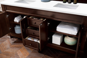 Brookfield 72" Double Vanity, Burnished Mahogany w/ 3 CM White Zeus Quartz Top James Martin Vanities