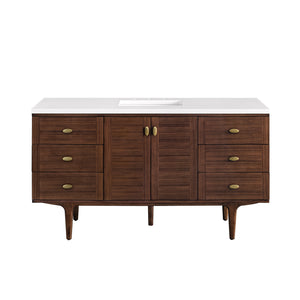 Amberly 60" Single Vanity, Mid-Century Walnut w/ 3CM White Zeus Top James Martin Vanities